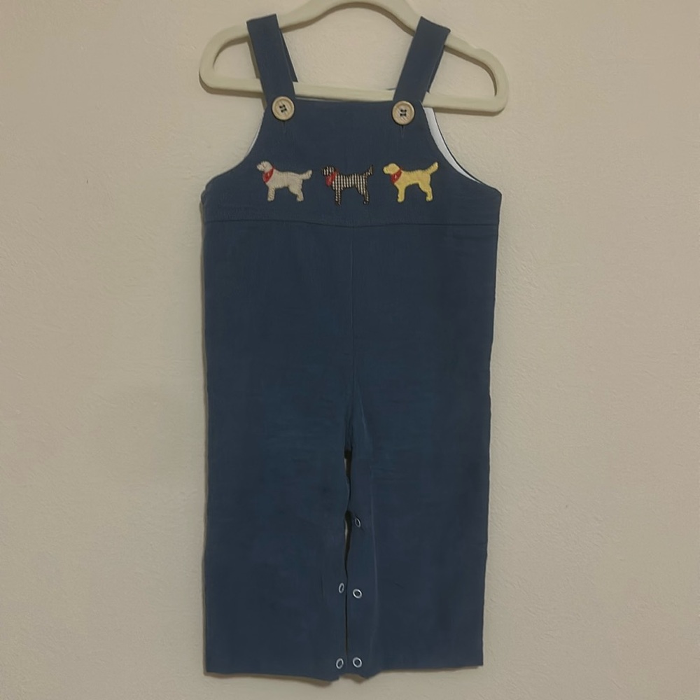 Shrimp and Grits Kids Overalls with dog embroidery
